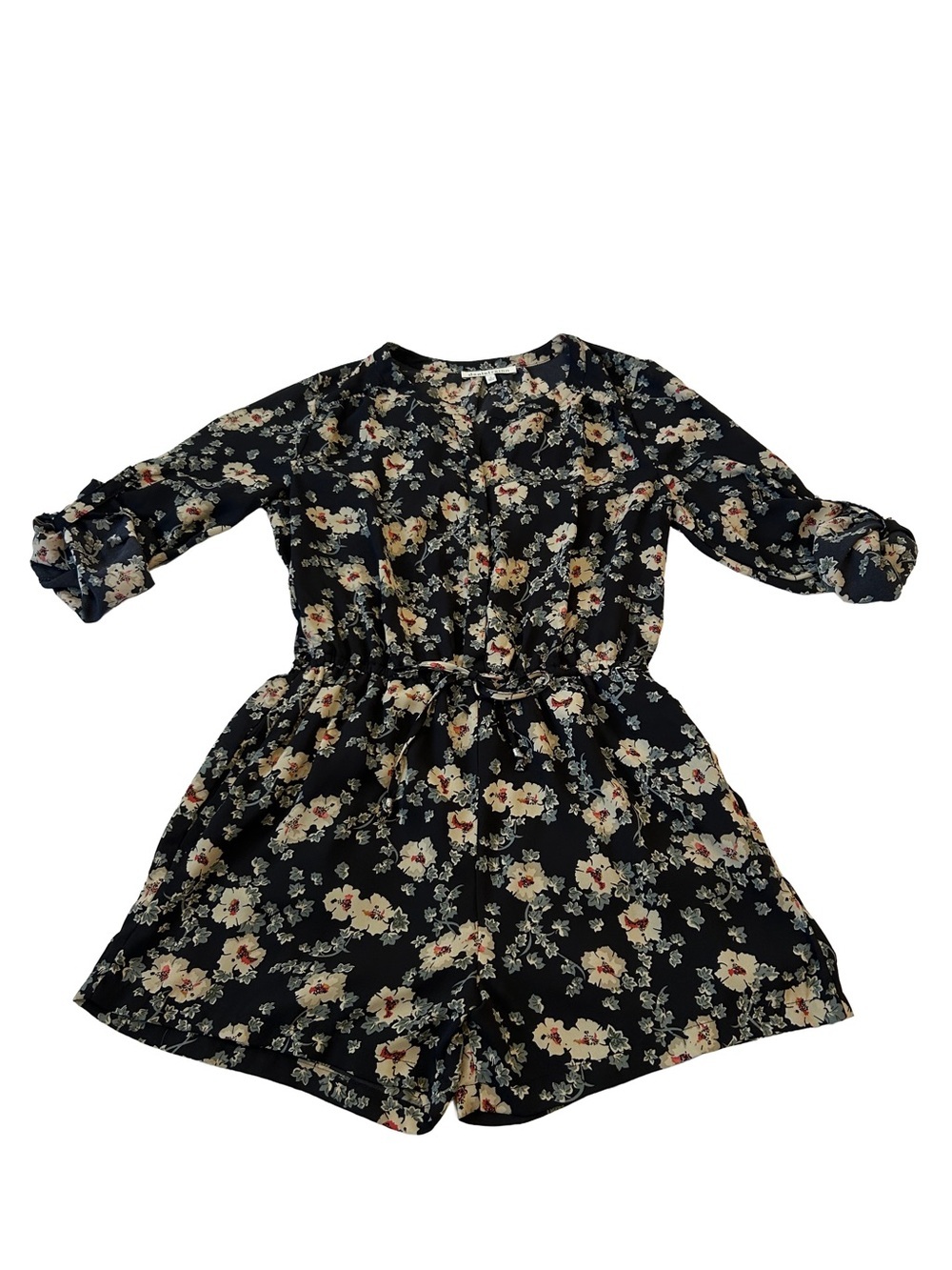 Daniel Rainn Dark Navy Boho Floral Long-Sleeve Romper with Tie Waist Size M